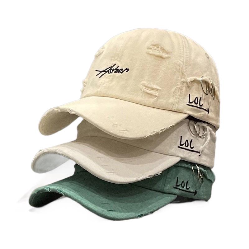Korean Retro American-Style Lettered Baseball Cap - Ripped Design for a Slimmer Look, Men's High-End Flat Cap