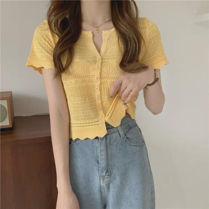 Women's Hollow Knit Cardigan - Short Sleeve, Mesh, Shawl Top, 2023 Spring/Summer Sunscreen Style