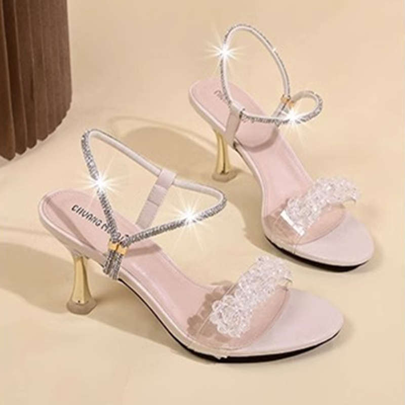 This Year's New Sandals Women's Summer Medium Heel Crystal Heel High Heel Thick Heel Summer Two Wear Rhinestones Outside Cool Slippers
