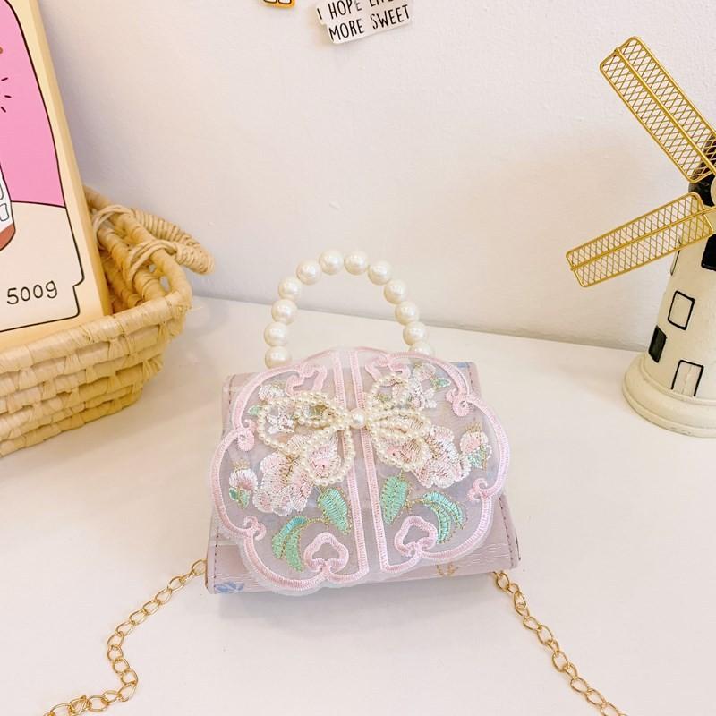 Chinese Style Girl Princess Butterfly Pearl Handbag With Chain Crossbody For Kids Fashion Accessories