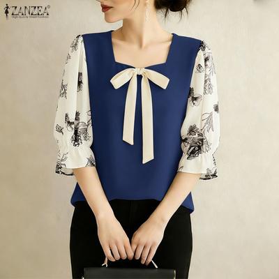 Bluză casual pentru femei, cu guler pătrat, imprimeu patchwork, mânecă 3/4
