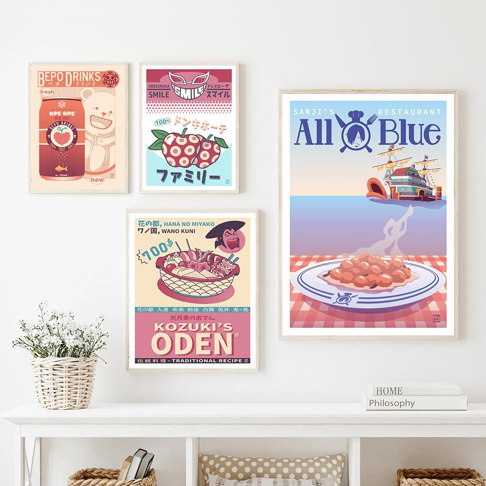 Manga Vintage Food Cover Art Poster Blue Restaurant Prints Retro Manga Beer Drinks Canvas Painting Kitchen Bar Room Home Decor