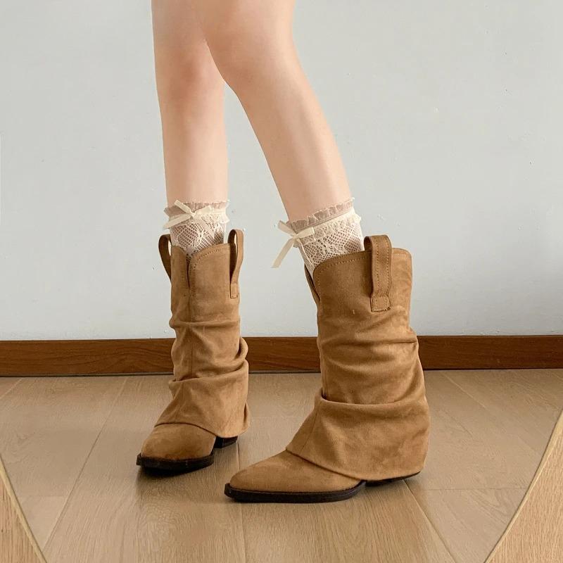 Fashion Vintage Pointed Toe Women Western Cowboy Boots Fashion Slip On Shoes Ladies Elegant Thick Heel Mordern Short Booties Autumn