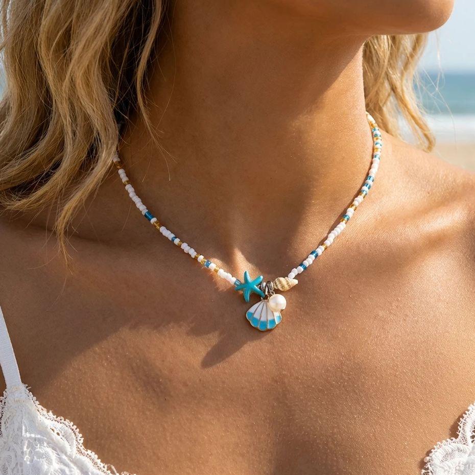 Simple Metal Shell Starfish Pendant Necklace for Women Bohemian Mixed Color Rice Beads Chain Necklace Beach Vacation Jewelry