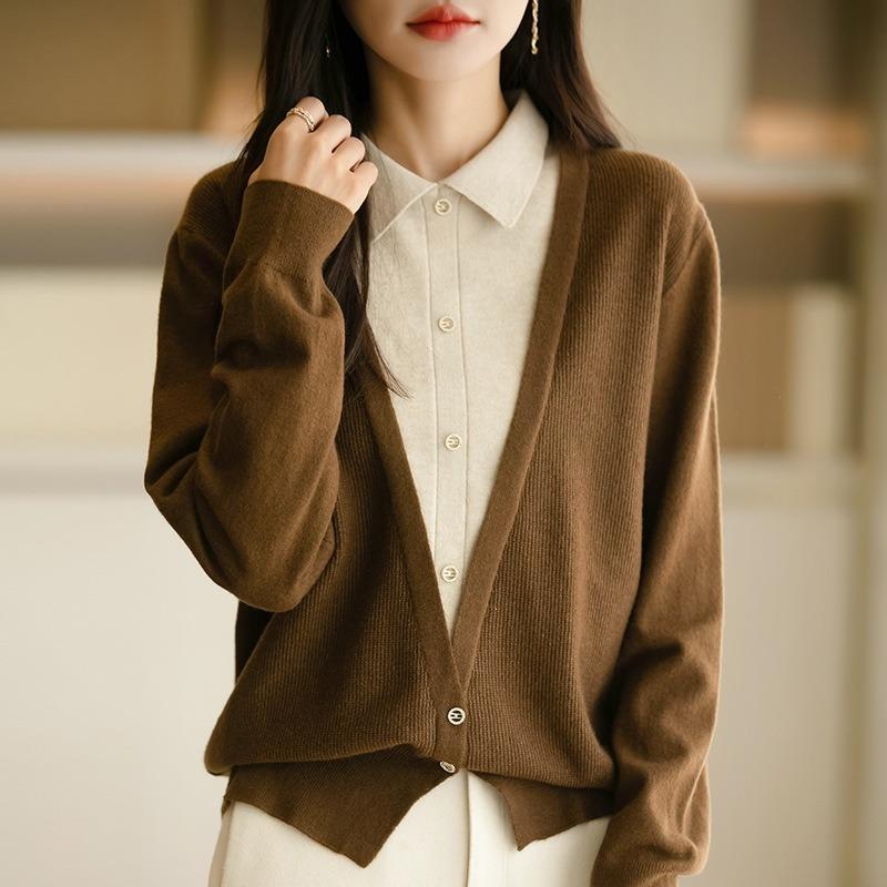 Women S V Neck Long Sleeve Fake Two Piece Knit Cardigan Casual Outerwear