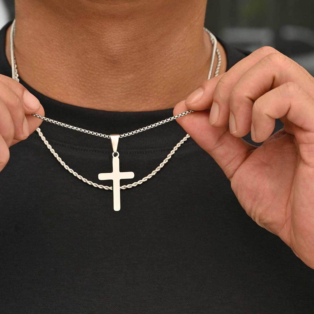 Vnox Men's Classic Cross Pendant Necklace, Stainless Steel Rope Cuban Blade Chain, Handsome Layered Neck Chains