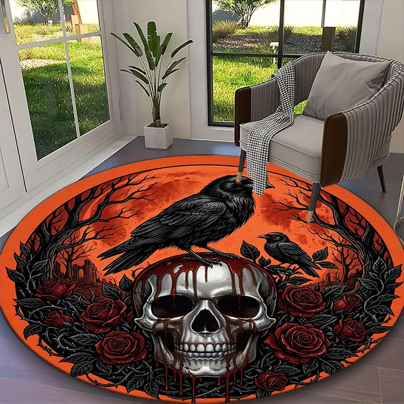 Gothic Crow Blood Skull Aura Carpet, Non-slip Office Chair Rug, Digital Print Home Round Rug, Unique Festival Decorations