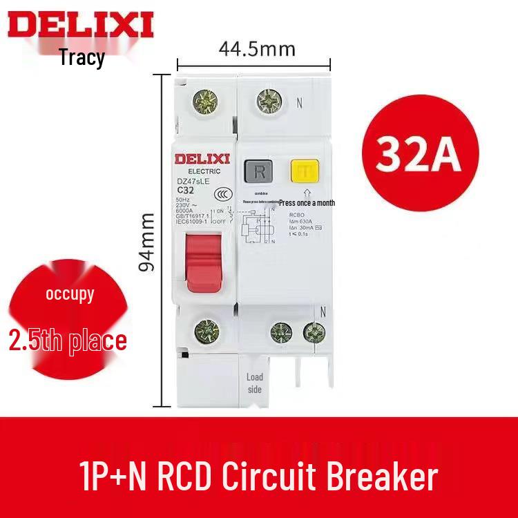 Delixi DZ47SLE 1P+N Residual Current Circuit Breaker with Leakage Protection, Type C, Single-Phase 220V.