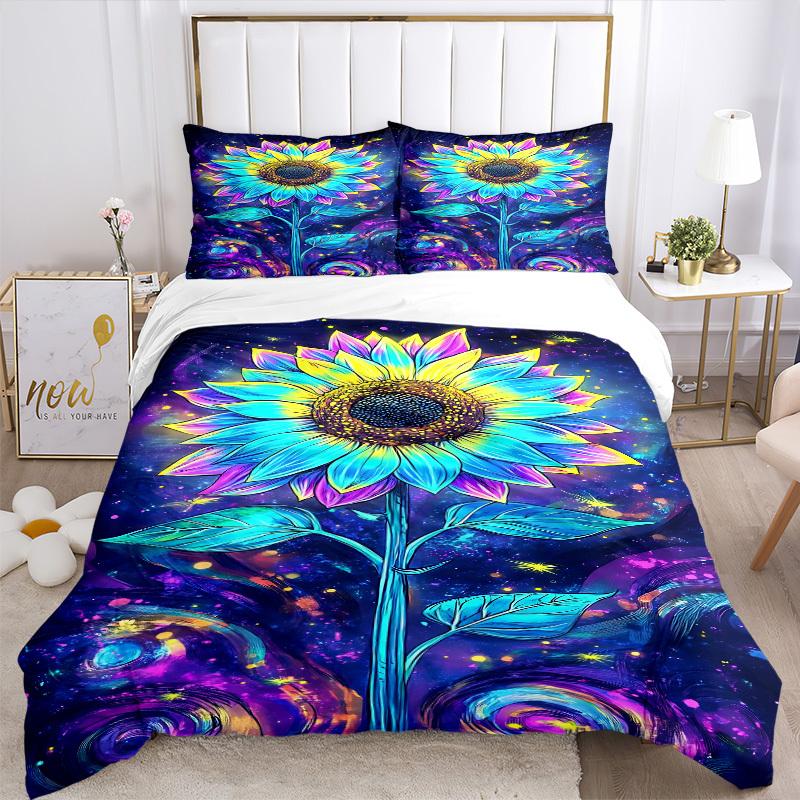 3pcs Cosmic Sunflower Bedding Set - 1 Duvet Cover + 2 Pillowcases(Core Not Included), Machine Washable Polyester, All-Season Comfort, Bedroo