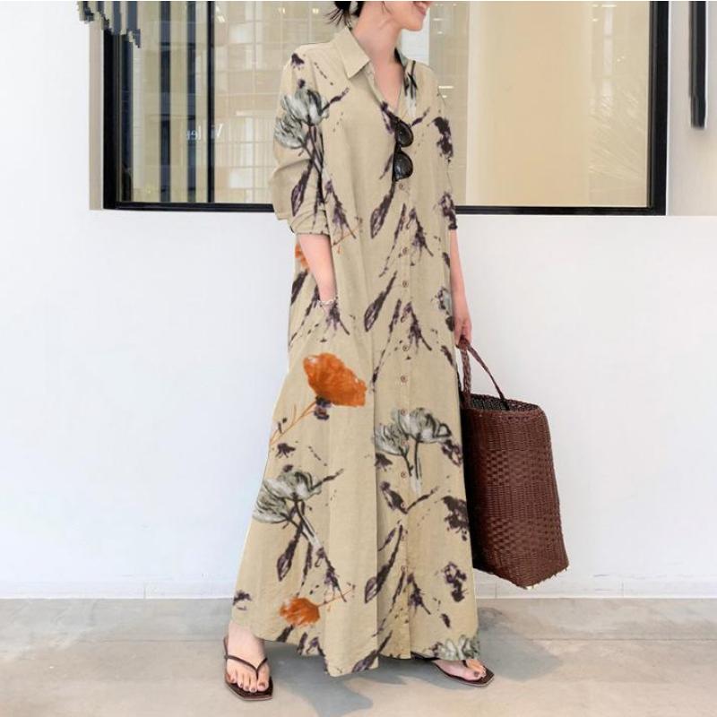 2025 New Cotton Linen Floral Collared Long Sleeve Pocketed Loose Casual Long Cardigan Dress with Flared Skirt Twist Color Lapel Pocket Simple