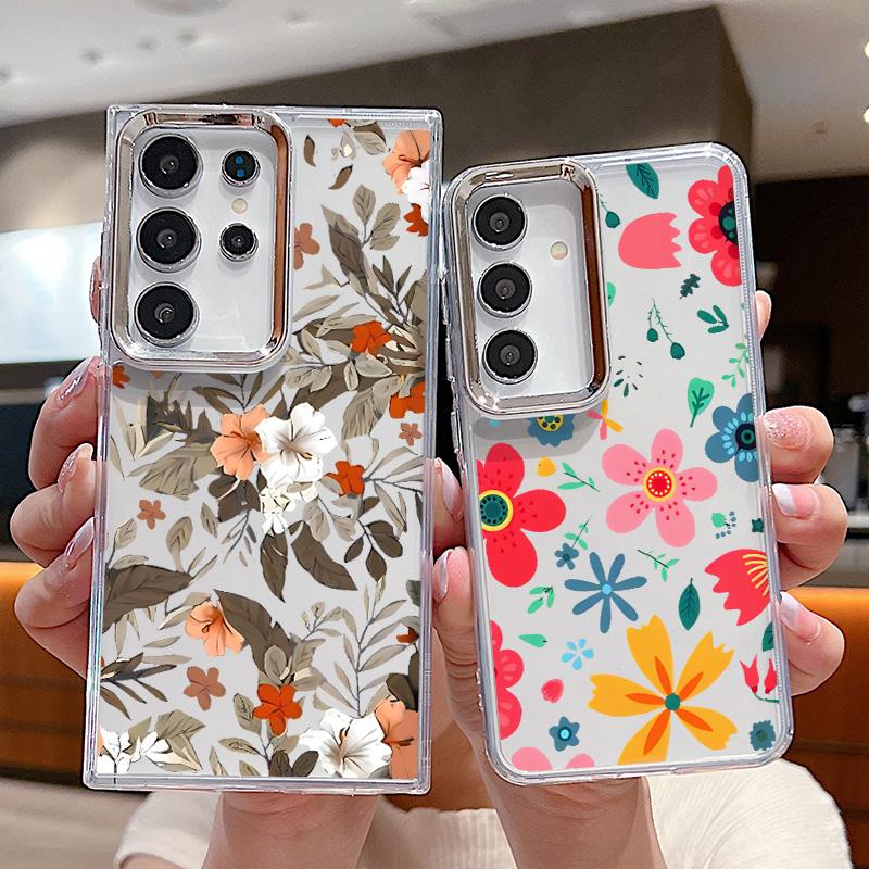Plating Lens Petal Leaves Flower Case For Samsung Galaxy S24 S23 S22 Ultra S21 S20 FE A34 A52 A53 A14 A15 A25 A35 A55 A54 5G
