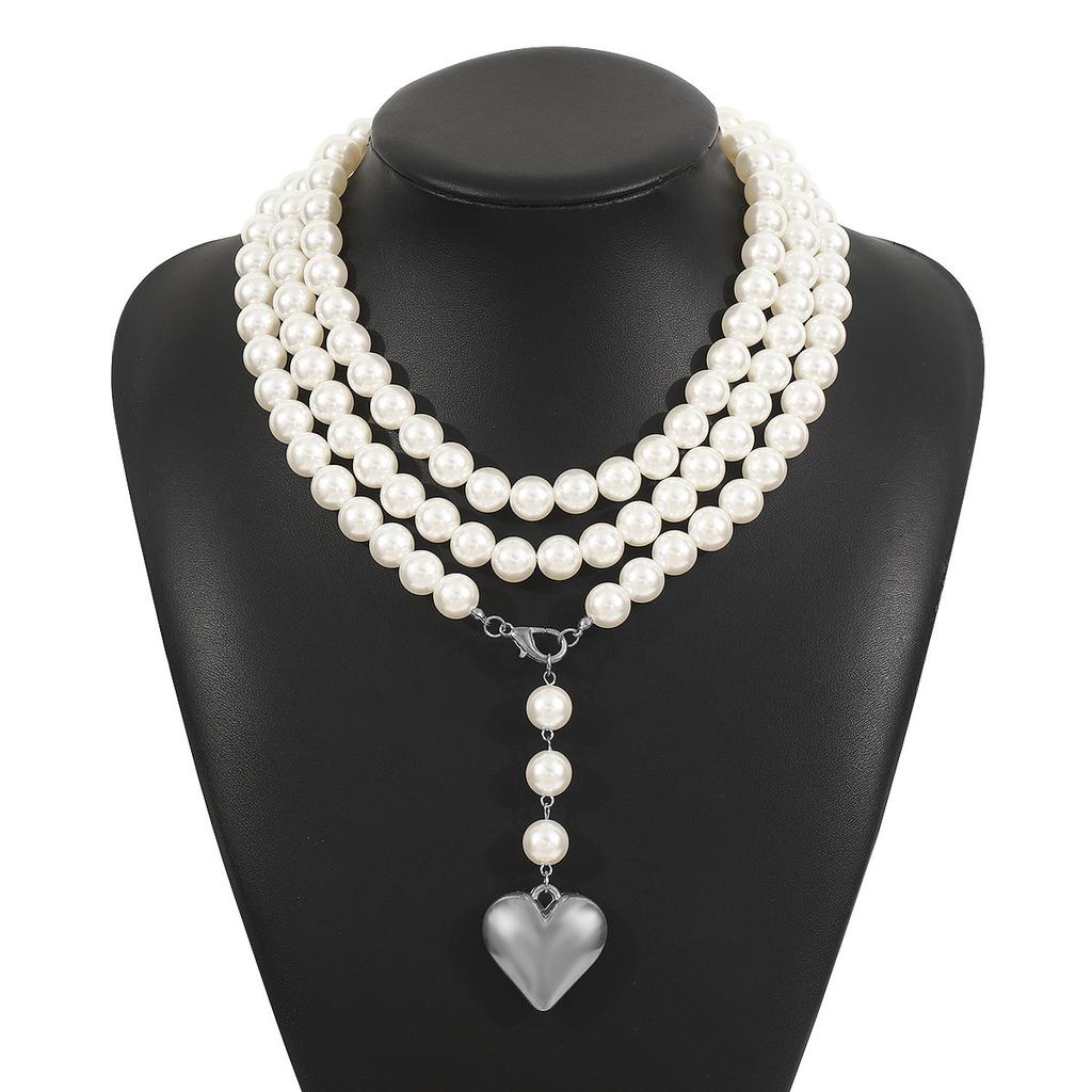 Creative Multi-layer Pearl CCB Sweater Chain Collarbone Chain Temperament Elegant Love-shaped Layer Necklace
