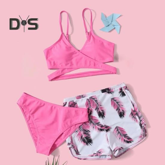 3dílná sada plavek s ramínky, podprsenkou s výstřihem do V a středním pasem, sada plavek, jednobarevné bikiny s kraťasy s potiskem peří