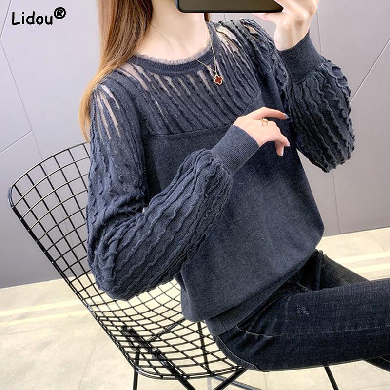 Loose Sexy Hollow Out Solid Pleated Lace Patchwork T-Shirts Round Neck Casual Women's Clothing Pullovers Autumn Winter Thin