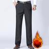 Autumn Winter Men Suit Pants Straight Thick Plush Loose Solid Color Soft Pockets Mid Waist Zipper Button Closure Formal Business Style Warm