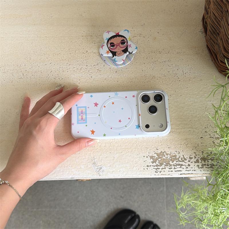 Süßes Mädchen mit großen Augen Sternenmuster Handyhülle mit Ständer für iPhone 15 16 17 Pro Max Kawaii Stoßfeste Schutzhülle