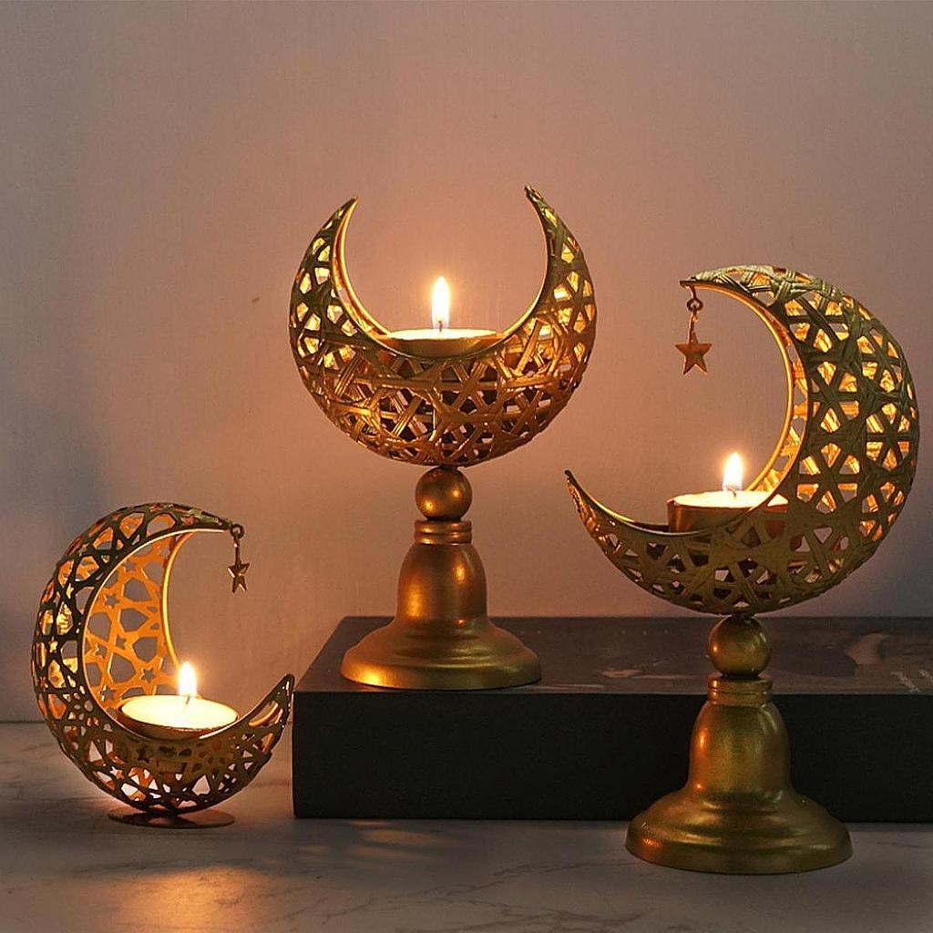 Moon Shaped Candle Holder Metal Candlestick Eid Mubarak for Hotel Party Supplies Housewarming Festival Prayer Votive Candle