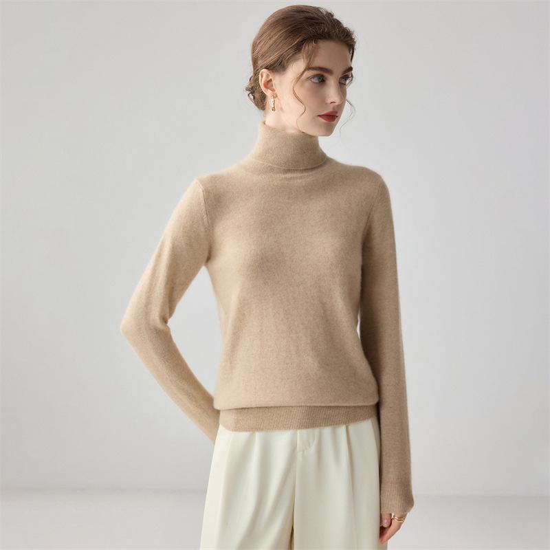 Women's High Neck Cashmere Sweater - Long Sleeve Wool Knit Solid Color Top for Autumn/Winter