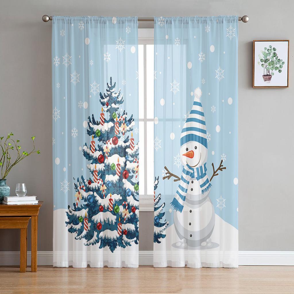 Christmas Christmas Tree Snowman Snowflakes Tulle Curtains For Living Room Sheer Curtain For Bedroom Blinds Voile Curtains