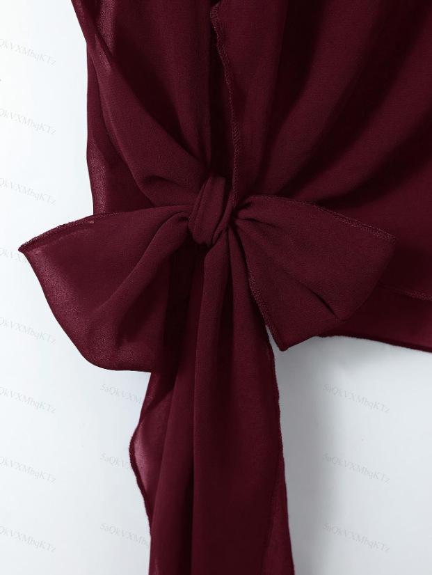 Elegant Wine Red Chiffon Top with Waist Ruching and Short Sleeves