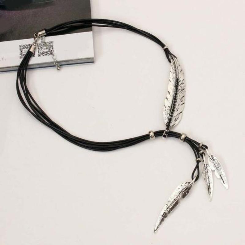 Bohemian Damen Strass Feder Anhänger Kunstleder Seil Halskette Schmuck