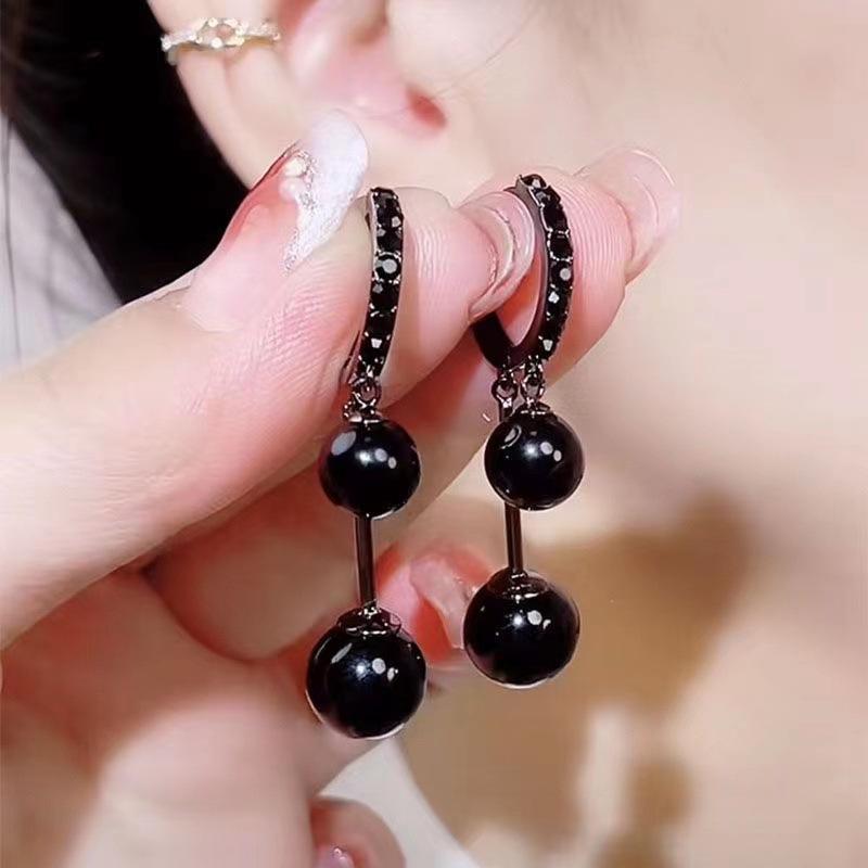 Korean Black Tassel Round Bead Earrings with Rhinestone Ear Cuffs - High-End Versatile Fashion