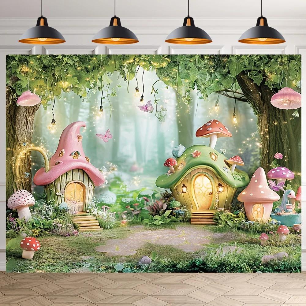 Set von 1 Magischer Waldpilzraum-Hintergrund, Fotografie-Hintergrund aus Polyesterfaser