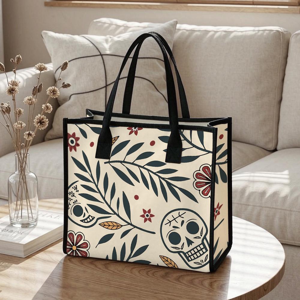 Bohemian Skull Floral Canvas Tote Bag Casual Daily Shoulder Handbag for Ladies