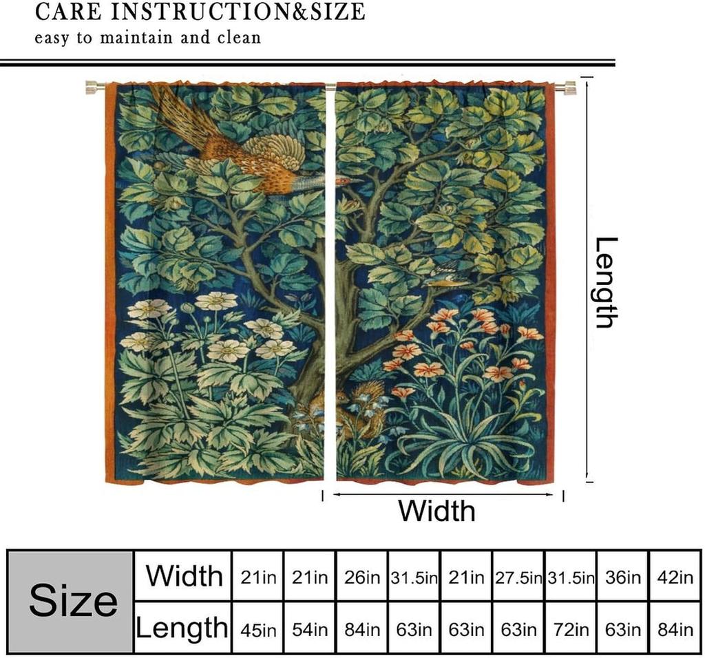 Blackout Vintage William Morris Flower Bird Curtains Retro Plants Red Floral Green Tree Print Window Drapes Bedro Curtain Bohemian Polyester Washable