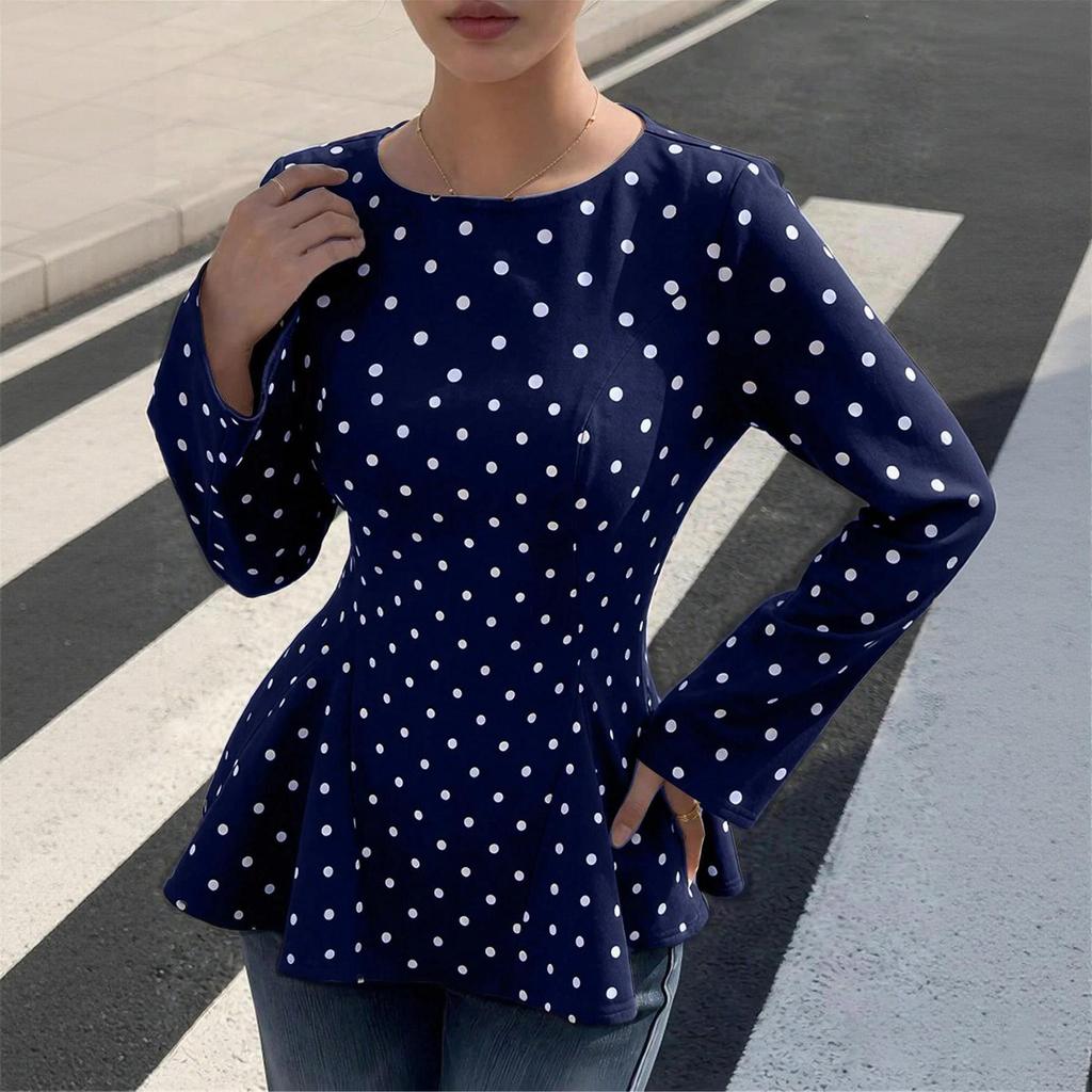 Women's Fashion Slim Fit Polka Dot Round Neck Pleated Waist Zip-Up Woven Long Sleeve Top