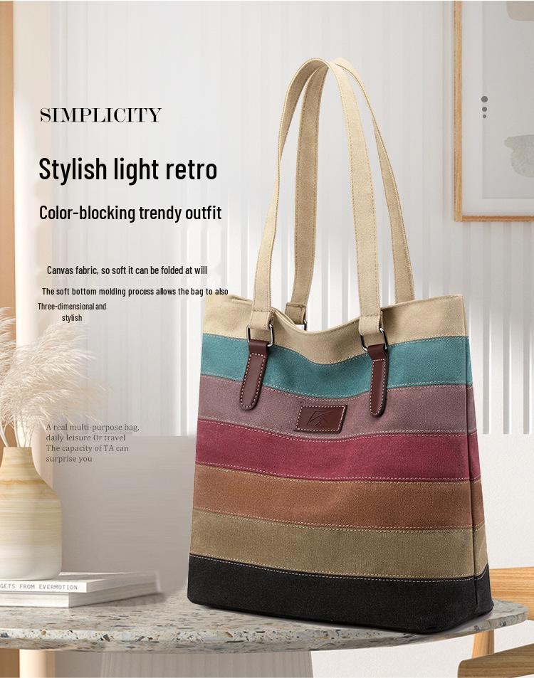 Retro Color Block Canvas Shoulder Bag – Large Capacity Women's Handbag