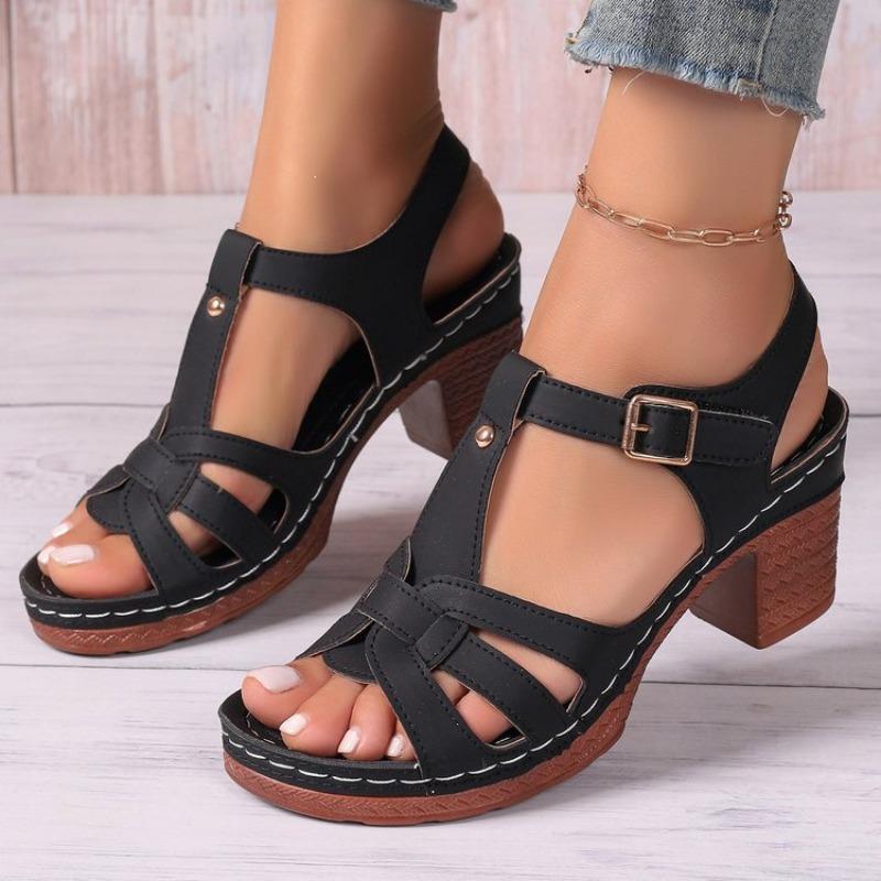 New Round Toe Shoes One-piece Buckle Large-sized Thick High-heeled Sandals