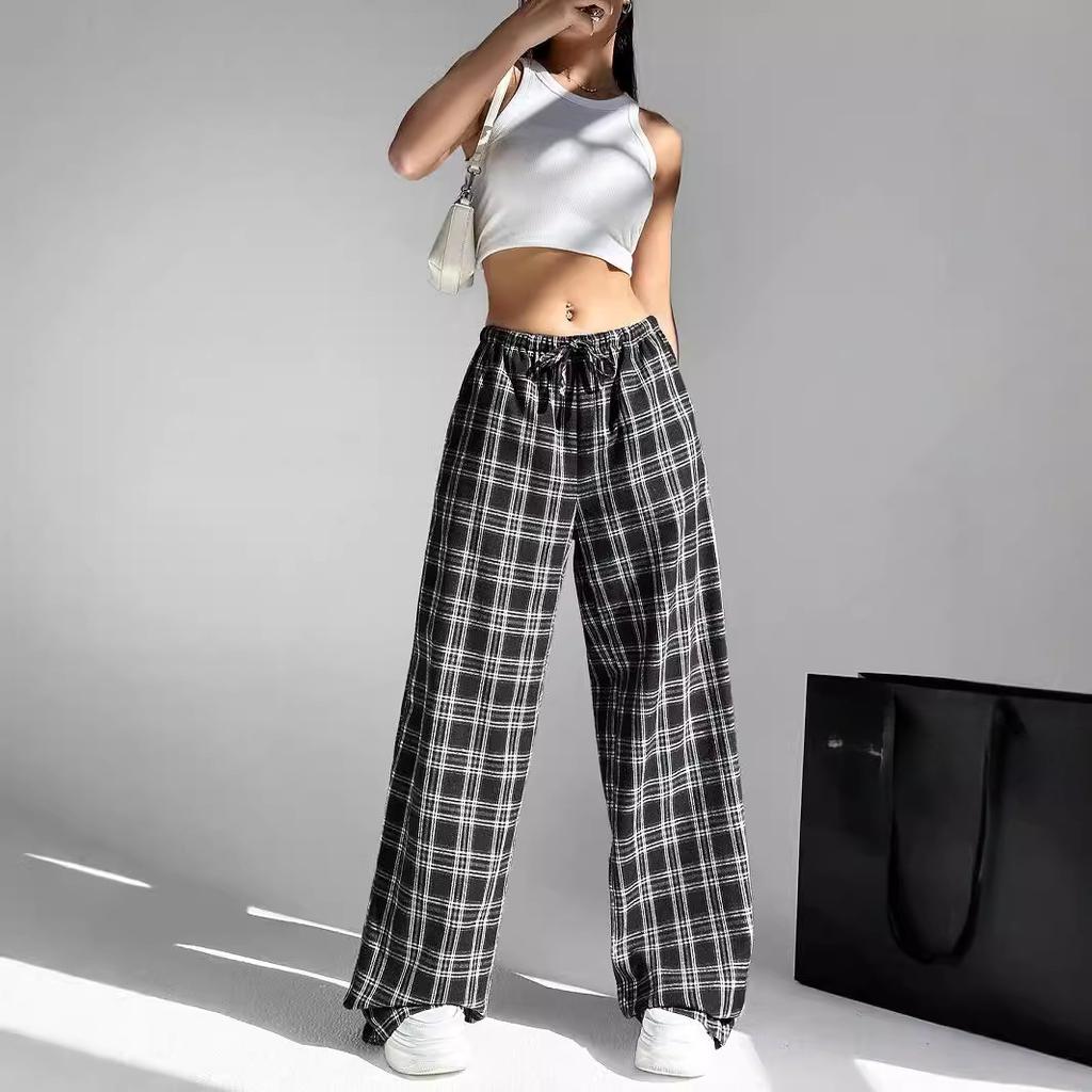 Women's Plaid Trousers, Casual Straight-Leg Pants, Wide-Leg Pants, Student-Friendly, Comfortable