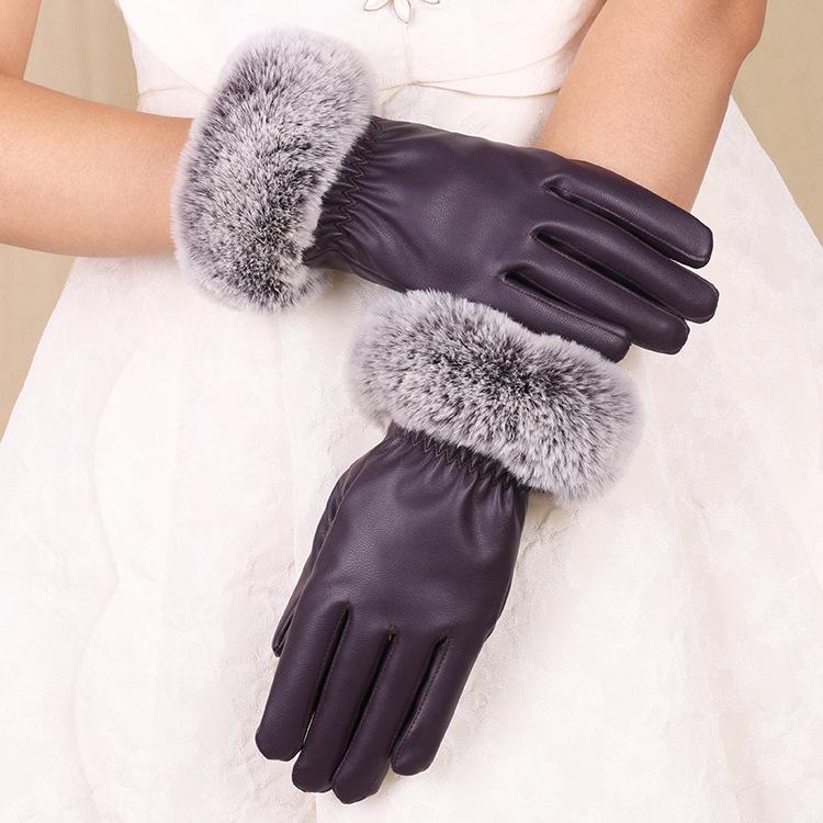 Warm Gloves for Winter Touch Screen Rabbit Hair PU Leather Women's Gloves for Outdoor Riding Driving Cold Winter Gloves