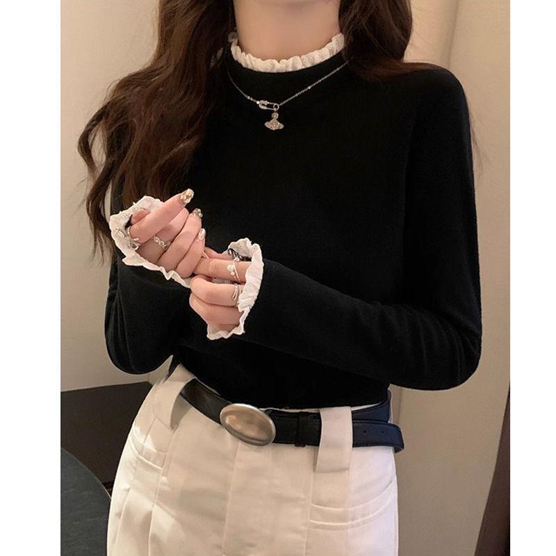 Versatile Lace High Neck Long Sleeve Base Layer - Warm Stylish Autumn/Winter Inner Casual Top