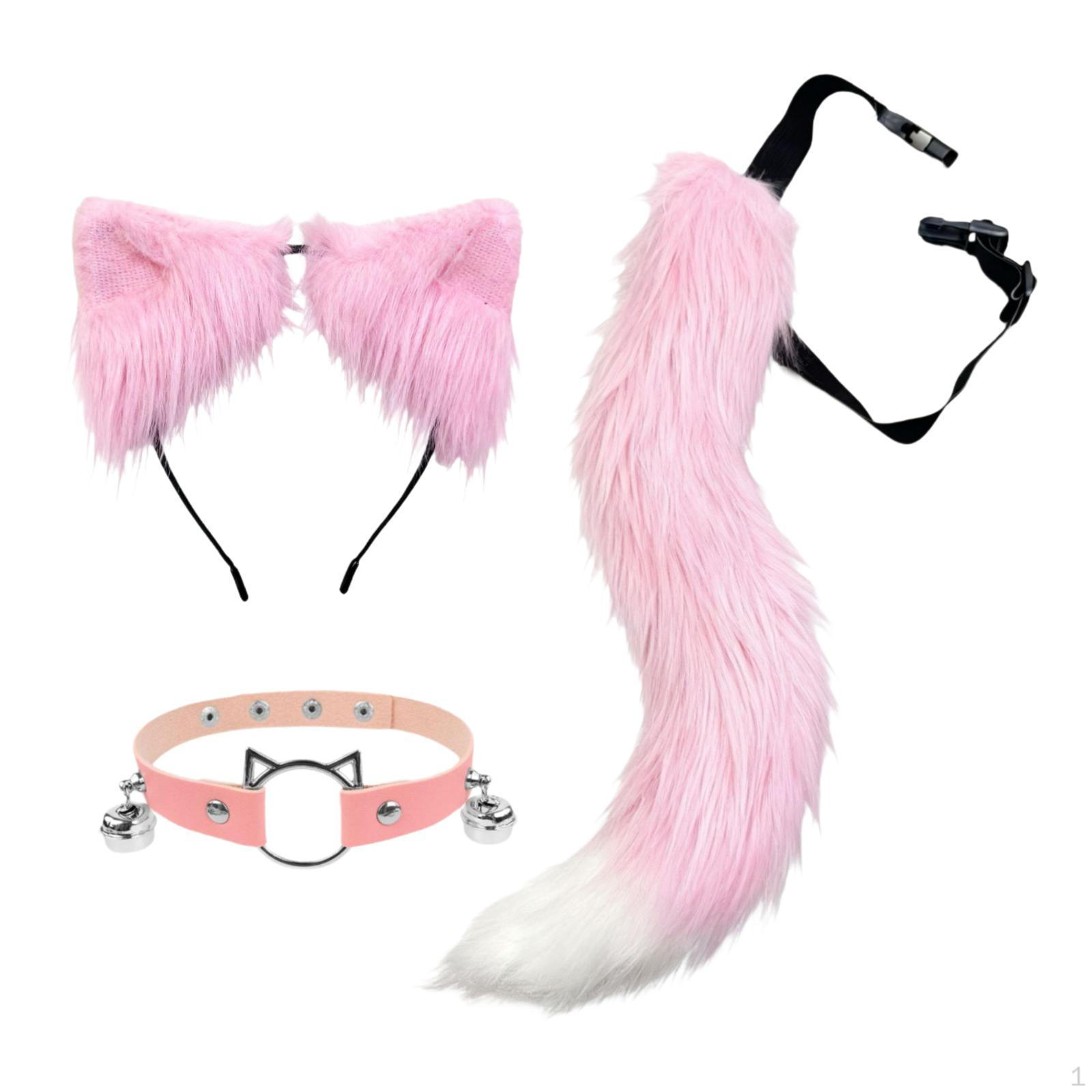 

3 Pieces Cat Ears and Tail Set Headband for Adults Children Prom Pink White