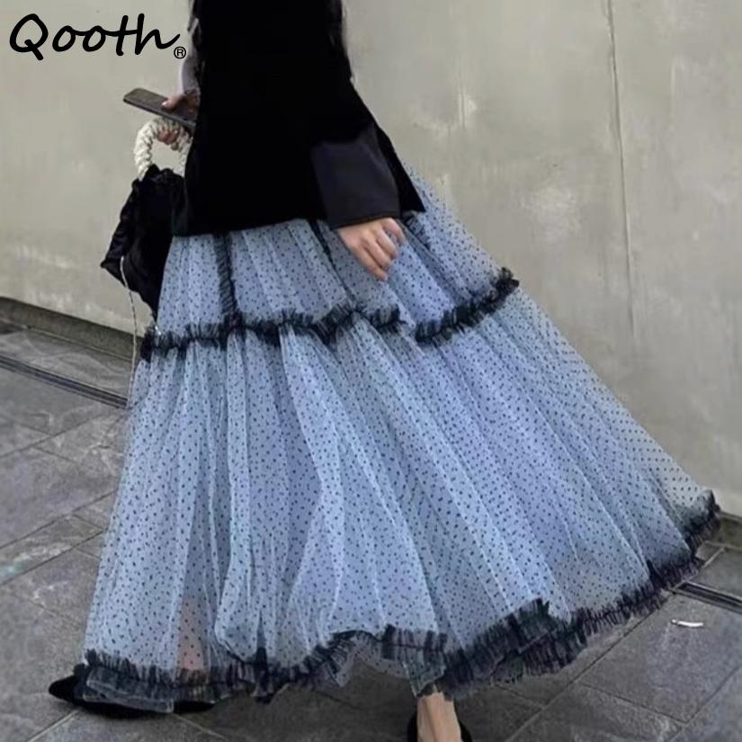 Qooth French Vintage Polka Dot Midi Skirt Heavy Duty High Waist A-Line Tulle Skirt with Raw Edge Ruffles QT2604
