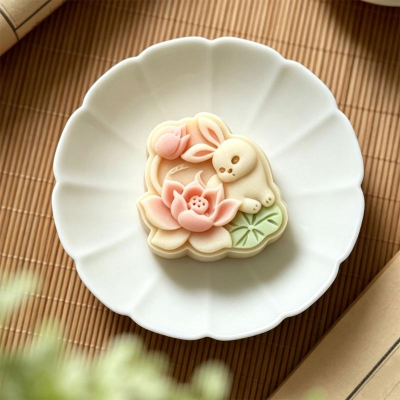 Lotuses Rabbit Moon Cake Molds 50G Manual Press Set, Plastic Pastry Shaping Tool for Pattern Dessert, Home Baking, and DIY Pastry Projects