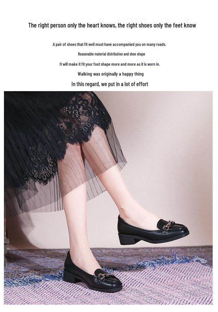 Women's 2026 New Style Black Leather Loafers - Soft Sole, Comfortable, Low-Cut Chunky Heel, Square Toe, Spring/Autumn.