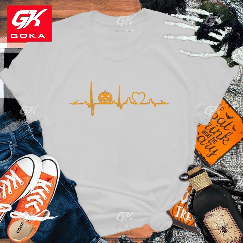

Halloween Pumpkin Heartbeat Print Cotton T Shirt Short Sleeve O Neck Loose Women Cool T Shirts Ladies Tee Shirt Top Clothes Tees S