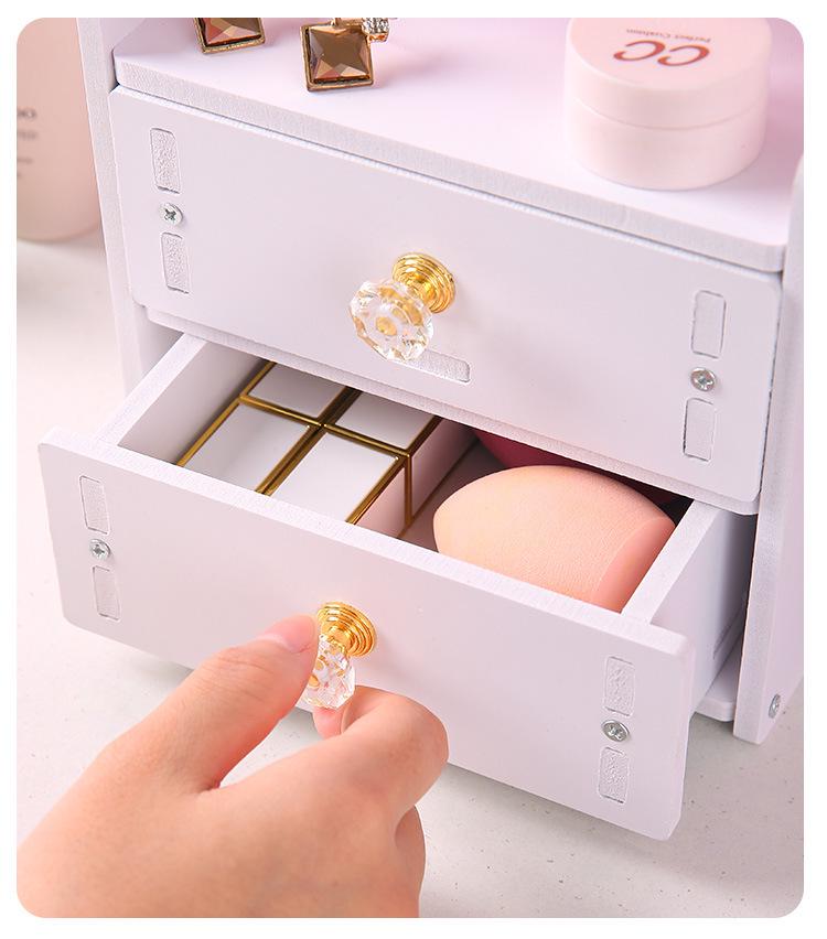 Double Drawer Wooden Cat Ear Vanity Mirror with Storage
