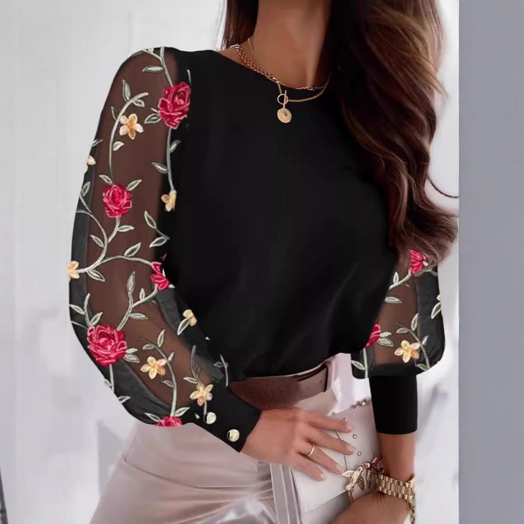 2025 Shirts for Women Fashion Simple O-Neck Lace Floral Sheer Mesh Patchwork Pullover Female's Blouse