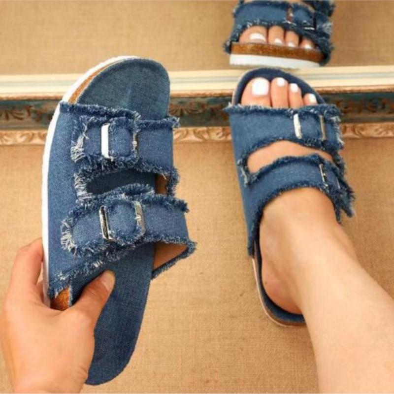 Summer Unique New Casual Denim Solid Color Canvas Buckle with Two Words with Flat Slippers P724