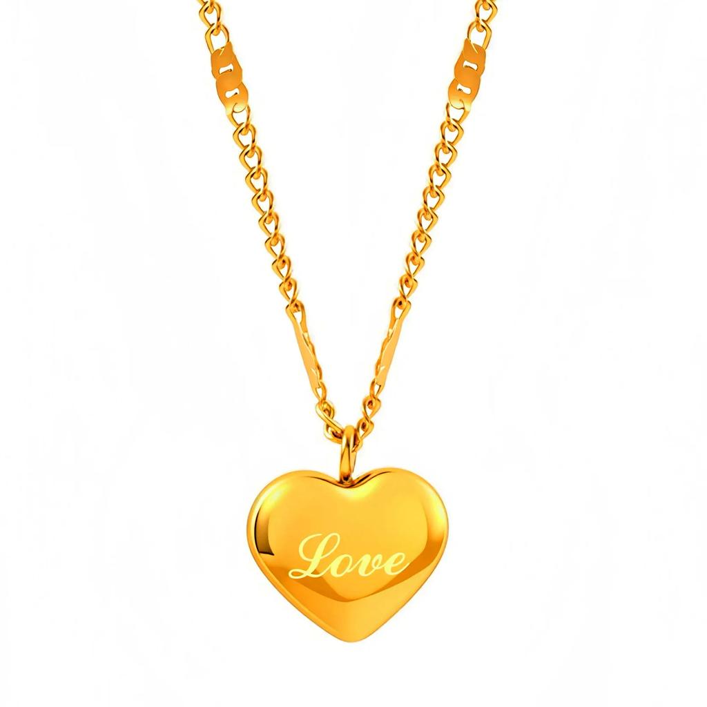 Engraved LOVE Heart Pendant Necklace for Women- 18K Gold Plated Stainless Steel Jewelry, Romantic Anniversary Gifts for Girl