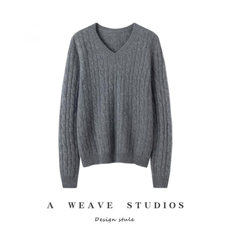 Women's 100% Pure Cashmere V-Neck Cable Knit Sweater - Bright Silk, Loose Fit, Long Sleeve