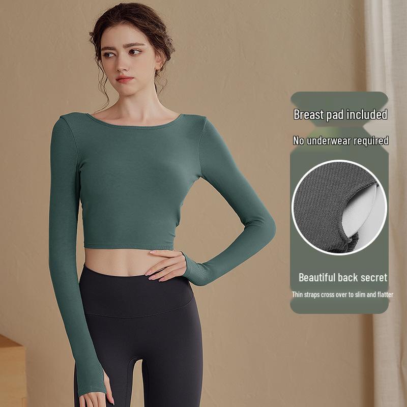

Women s Long Sleeve Yoga Top with Chest Pads - Beautiful Back Design for Autumn/Winter Fitness and Running M зелёный