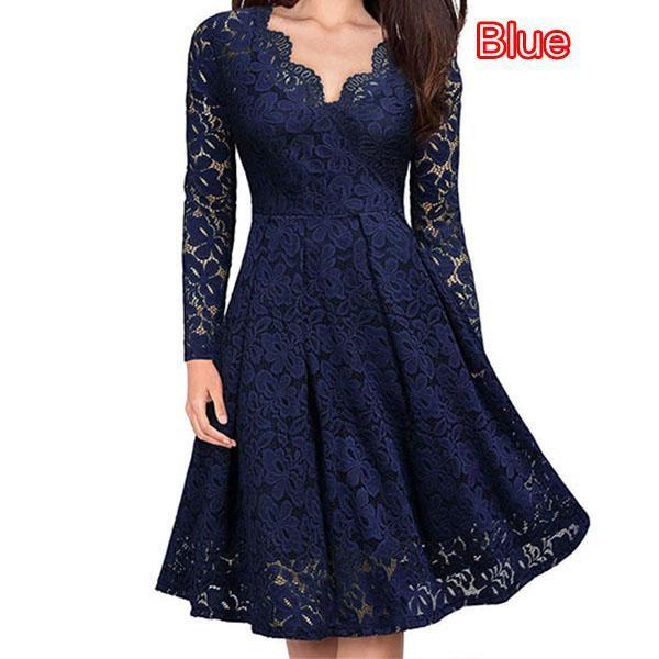 Womens Lace Dress New Solid Color V Neck Long Sleeve Big Swing Slim Midi Skirt Ladies Autumn and Winter Party Fashion Dresses