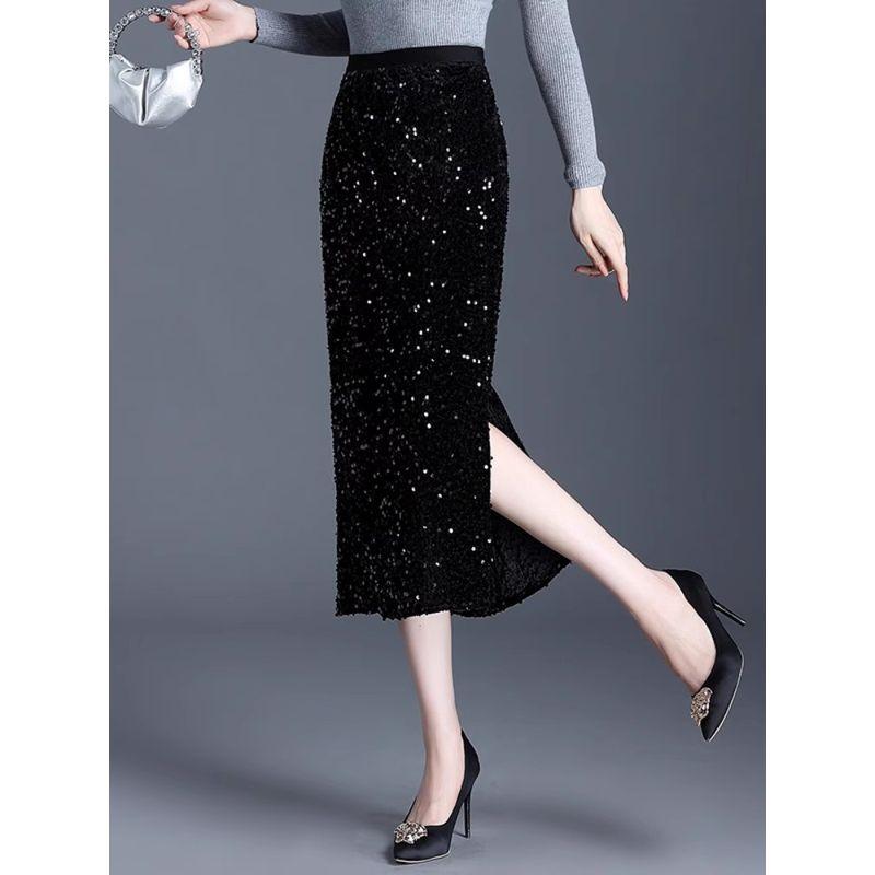 

Black Half-Length Autumn Slimming Slit Office Lady Skirt Sequins Black M