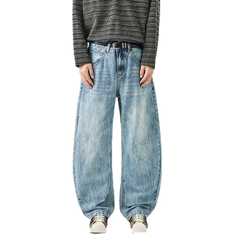 Washed Flower-cut Light Blue Scimitar Jeans for Men Loose and Versatile Wide-leg Pants