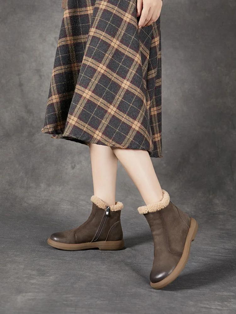 Johnature Genuine Leather Plush Warm Ankle Boots Round Toe Soft Soled Versatile Women's Cotton Boots